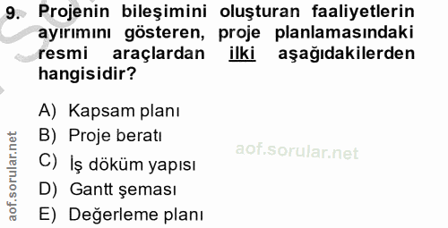 9. soru: Projenin bileşimini oluşturan faaliyetlerin ayırımını gösteren, proje planlamasındaki resmi araçlardan ilki aşağıdaki…