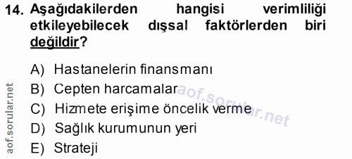 14. soru: Aşağıdakilerden hangisi verimliliği etkileyebilecek dışsal faktörlerden biri değildir? A) Hastanelerin finansmanı B)…