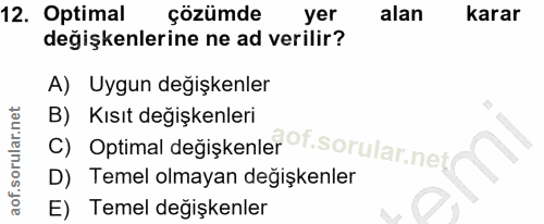 12. soru: Optimal çözümde yer alan karar değişkenlerine ne ad verilir? A) Uygun degişkenler B) Kısıt değişkenleri C) Optimal de…