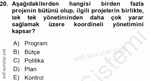 20. soru: Aşağıdakilerden hangisi birden fazla projenin bütünü olup, ilgili projelerin birlikte, tek tek yönetiminden daha çok…