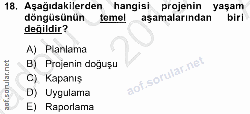 18. soru: Aşağıdakilerden hangisi projenin yaşam döngüsünün temel aşamalarından biri değildir? A) Planlama B) Projenin doğuşu C…