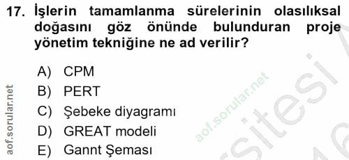 17. soru: İşlerin tamamlanma sürelerinin olasılıksal doğasını göz önünde bulunduran proje yönetim tekniğine ne ad verilir? A) C…