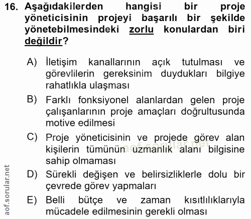 16. soru: Aşağıdakilerden hangisi bir proje yöneticisinin projeyi başarılı bir şekilde yönetebilmesindeki zorlu konulardan biri…