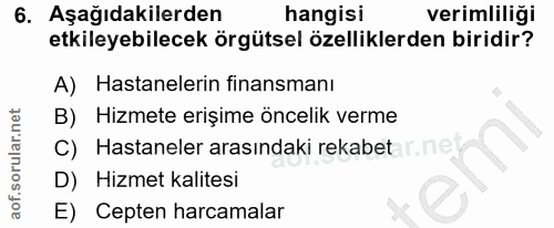 6. soru: Aşağıdakilerden hangisi verimliliği etkileyebilecek örgütsel özelliklerden biridir? A) Hastanelerin finansmanı B) Hiz…
