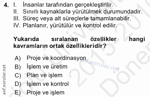 4. soru: I. Insanlar tarafından gerçekleştirilir. II. Sınırlı kaynaklarla yürütülmek durumundadır. II. Süreç veya alt süreçler…