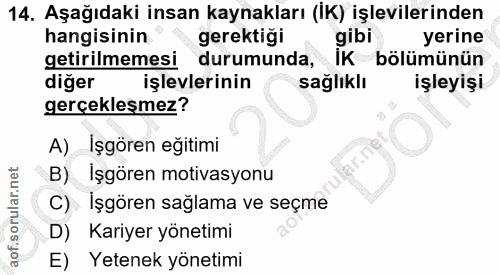 14. soru: Aşağıdaki insan kaynakları (IK) işlevlerinden hangisinin gerektiği gibi yerine getirilmemesi durumunda, IK bölümünün…