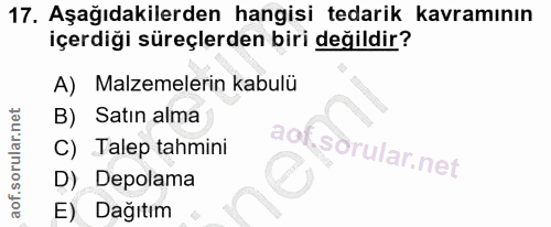 17. soru: Aşağıdakilerden hangisi tedarik kavramının içerdiği süreçlerden biri değildir? A) Malzemelerin kabulü B) Satin alma C…