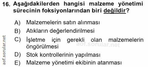 16. soru: Aşağıdakilerden hangisi malzeme yönetimi sürecinin foksiyonlarından biri değildir? A) Malzemelerin satın alınması B)…
