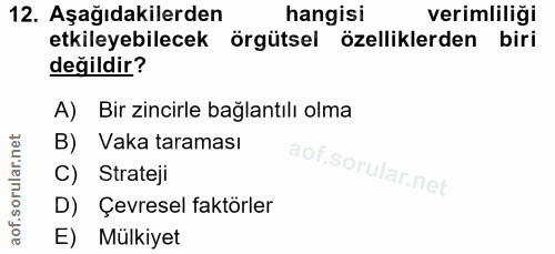 12. soru: Aşağıdakilerden hangisi verimliliği etkileyebilecek örgütsel özelliklerden biri değildir? A) Bir zincirle bağlantılı…