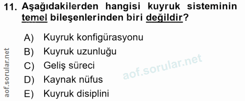 11. soru: Aşağıdakilerden hangisi kuyruk sisteminin temel bileşenlerinden biri değildir? A) Kuyruk konfigürasyonu B) Kuyruk uzu…