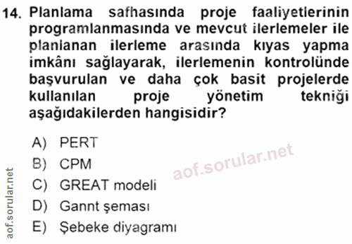 14. soru: Planlama safhasında proje faaliyetlerinin programlanmasinda ve mevcut ilerlemeler ile planianan ilerleme arasında kıy…