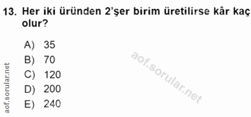 13. soru: Her iki üründen 2'şer birim üretilirse kâr kaç olur? A) 35 B) 70 C) 120 D) 200 E) 240