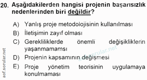 20. soru: Aşağıdakilerden hangisi projenin başarısızlık nedenlerinden biri değildir? A) Yanlış proje metodolojisinin kullanılma…