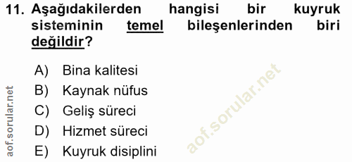 11. soru: Aşağıdakilerden hangisi bir kuyruk sisteminin temel bileşenlerinden biri değildir? A) Bina kalitesi B) Kaynak nüfus C…