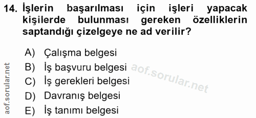 14. soru: Işlerin başarılması için işleri yapacak kişilerde bulunması gereken özelliklerin saptandığı çizelgeye ne ad verilir?…