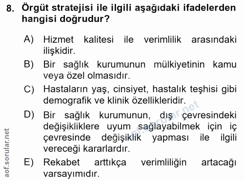 8. soru: Orgüt stratejisi ile ilgili aşağıdaki ifadelerden hangisi doğrudur? A) Hizmet kalitesi ile verimlilik arasındaki iliş…