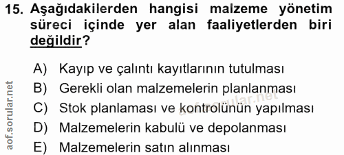 15. soru: Aşağıdakilerden hangisi malzeme yönetim süreci içinde yer alan faaliyetlerden biri değildir? A) Kayıp ve çalıntı kayı…