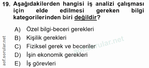 19. soru: Aşağıdakilerden hangisi iş analizi çalışması için elde edilmesi gereken bilgi kategorilerinden biri değildir? A) Özel…