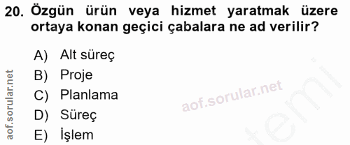 20. soru: Özgün ürün veya hizmet yaratmak üzere ortaya konan geçici çabalara ne ad verilir? A) Alt süreç B) Proje C) Planlama D…