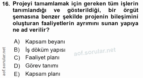 16. soru: Projeyi tamamlamak için gereken tüm işlerin tanımlandığı ve gösterildiği, bir örgüt şemasına benzer şekilde projenin…