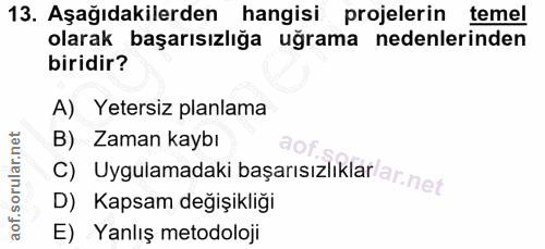 13. soru: Aşağıdakilerden hangisi projelerin temel olarak başarısızlığa uğrama nedenlerinden biridir? A) Yetersiz planlama B) Z…