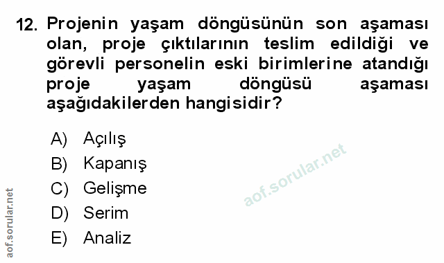 12. soru: Projenin yaşam döngüsünün son aşaması olan, proje çıktılarının teslim edildiği ve görevli personelin eski birimlerine…