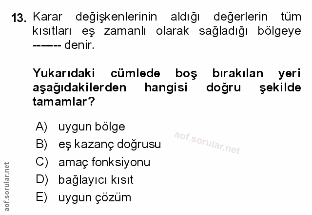 13. soru: Karar degişkenlerinin aldığı değerlerin tüm kısıtları eş zamanlı olarak sağladığı bölgeye ---- denir. Yukarıdaki cüml…