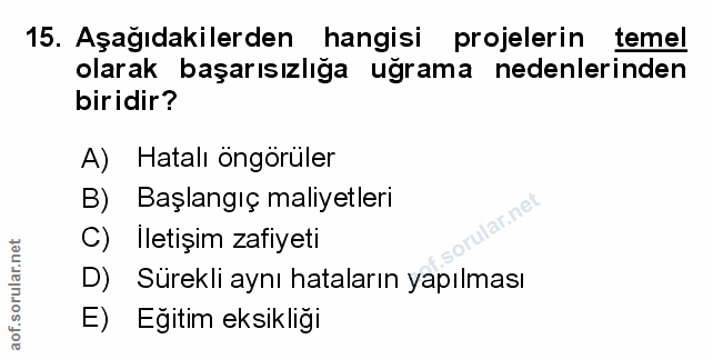 15. soru: Aşağıdakilerden hangisi projelerin temel olarak başarısızlığa uğrama nedenlerinden biridir? A) Hatalı öngörüler B) Ba…