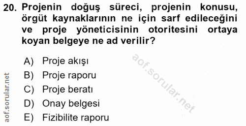 20. soru: Projenin doğuş süreci, projenin konusu, örgüt kaynaklarının ne için sarf edileceğini ve proje yöneticisinin otoritesi…