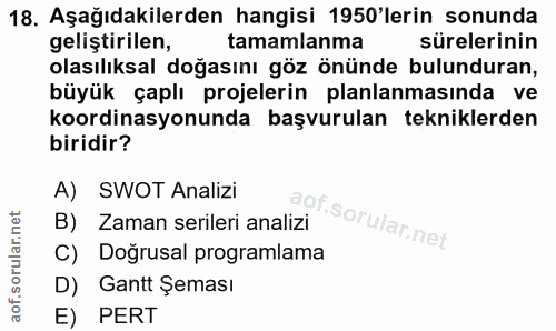 18. soru: Aşağıdakilerden hangisi 1950'lerin sonunda geliştirilen, tamamlanma sürelerinin olasılıksal doğasını göz önünde bulun…