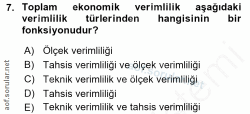 7. soru: Toplam ekonomik verimlilik aşağıdaki verimlilik türlerinden hangisinin bir fonksiyonudur? A) Ölçek verimliliği B) Tah…