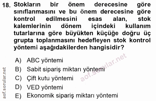 18. soru: Stokların bir önem derecesine göre sınıflanmasını ve bu önem derecesine göre kontrol edilmesini esas alan, stok kalem…