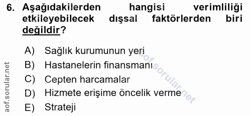 6. soru: Aşağıdakilerden hangisi verimliliği etkileyebilecek dışsal faktörlerden biri değildir? A) Sağlık kurumunun yeri B) Ha…
