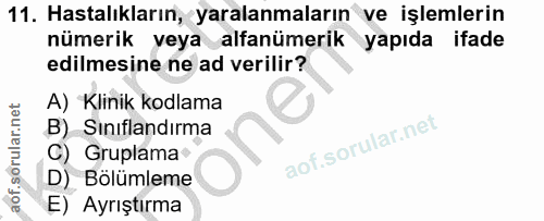 11. soru: Hastalıkların, yaralanmaların ve işlemlerin nümerik veya alfanümerik yapıda ifade edilmesine ne ad verilir? A) 'Klini…