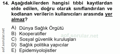 14. soru: Aşağıdakilerden hangisi tıbbi kayıtlardan elde edilen, doğru olarak sınıflandırılan ve kodlanan verilerin kullanıcıla…