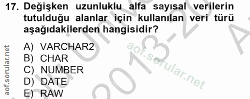 17. soru: Değişken uzunluklu alfa sayısal verilerin tutulduğu alanlar için kullanılan veri türü aşağıdakilerden hangisidir? A)…