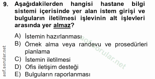 9. soru: Aşağıdakilerden hangisi hastane bilgi sistemi içerisinde yer alan istem girişi ve bulguların iletilmesi işlevinin alt…