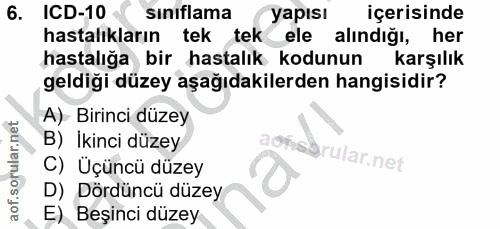 6. soru: ICD-10 sınıflama yapısı içerisinde hastalıkların tek tek ele alindiğı, her hastalığa bir hastalık kodunun karşılık ge…