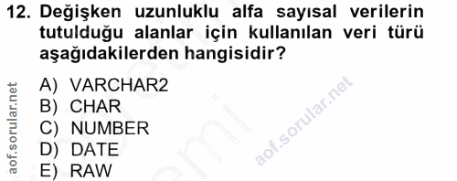 12. soru: Değişken uzunluklu alfa sayısal verilerin tutulduğu alanlar için kullanılan veri türü aşağıdakilerden hangisidir? A)…