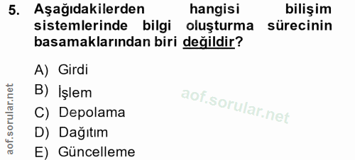 5. soru: Aşağıdakilerden hangisi bilişim sistemlerinde bilgi oluşturma sürecinin basamaklarından biri değildir? A) Girdi B) İş…