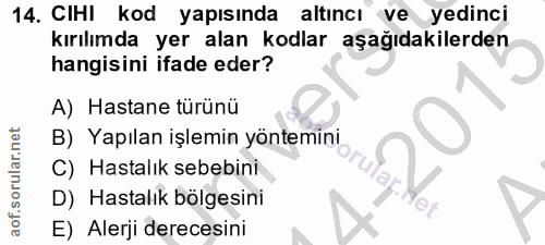 14. soru: CHI kod yapısında altıncı ve yedinci kırılımda yer alan kodlar aşağıdakilerden hangisini ifade eder? A) Hastane türün…