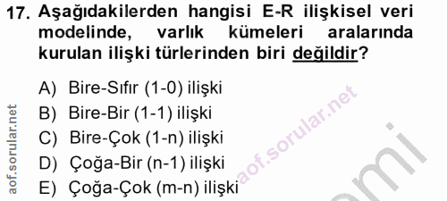 17. soru: Aşağıdakilerden hangisi E-R ilişkisel veri modelinde, varlık kümeleri aralarında kurulan ilişki türlerinden biri deği…