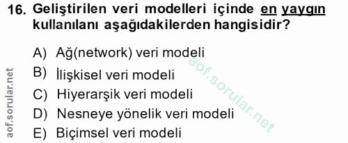 16. soru: Geliştirilen veri modelleri içinde en yaygın kullanılanı aşağıdakilerden hangisidir? A) Ag(network) veri modeli B) İl…