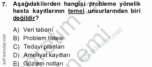 7. soru: Aşağıdakilerden hangisi probleme yönelik hasta kayıtlarının temel unsurlarından biri değildir? A) Veri tabani lat.net…