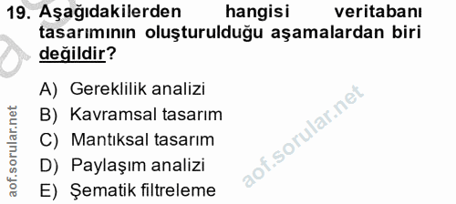 19. soru: Aşağıdakilerden hangisi veritabanı tasarımının oluşturulduğu aşamalardan biri değildir? A) Gereklilik analizi B) Kavr…