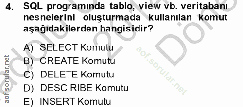 4. soru: SQL programında tablo, view vb. veritabanı nesnelerini oluşturmada kullanılan komut aşağıdakilerden hangisidir? A) SE…
