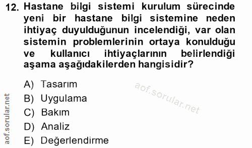 12. soru: Hastane bilgi sistemi kurulum sürecinde yeni bir hastane bilgi sistemine neden ihtiyaç duyulduğunun incelendiği, var…