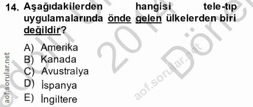 14. soru: Aşağıdakilerden hangisi tele-tip uygulamalarında önde gelen ülkelerden biri değildir? A) Amerika B) Kanada C) Avustra…