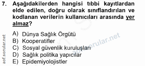 7. soru: Aşağıdakilerden hangisi tıbbi kayıtlardan elde edilen, doğru olarak sınıflandırılan ve kodlanan verilerin kullanıcıla…