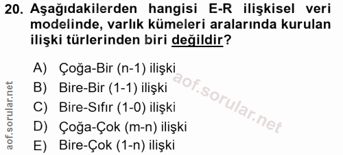 20. soru: Aşağıdakilerden hangisi E-R ilişkisel veri modelinde, varlık kümeleri aralarında kurulan ilişki türlerinden biri deği…